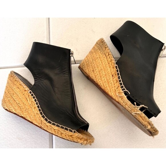 CELINE Shoes - Celine Phoebe Philo Women's Espadrille 6.5 Black Leather Jute Zip Wedge Heel